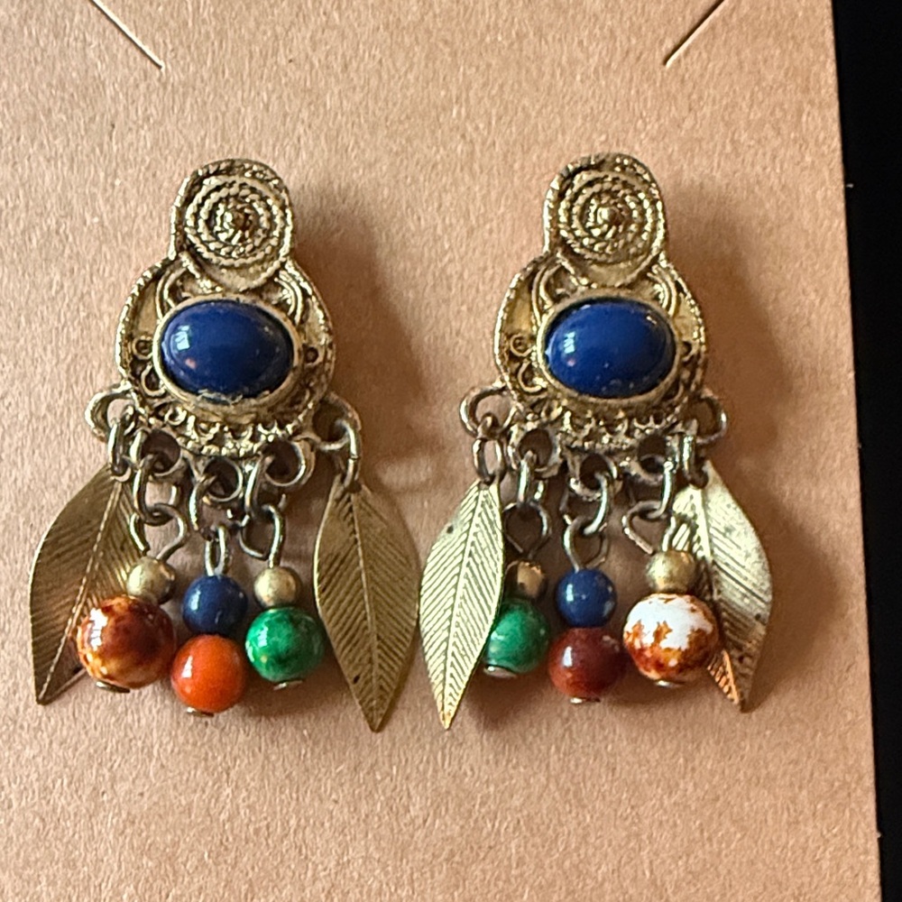 Vintage Boho Tribal Gold Blue Cabochon Dangle Earrings Statement Festival
